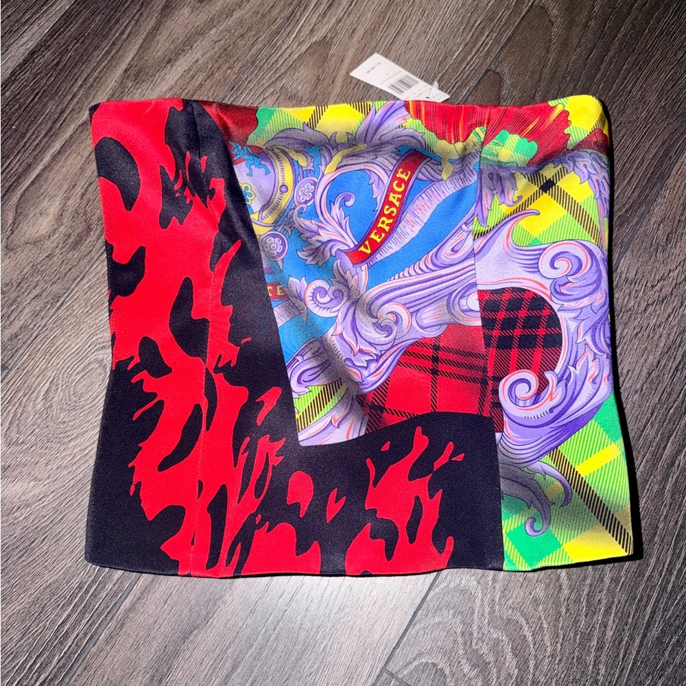 NEW W/ TAGS Versace Black Multicolor Logo Print Silky Strapless Corset Tube Top